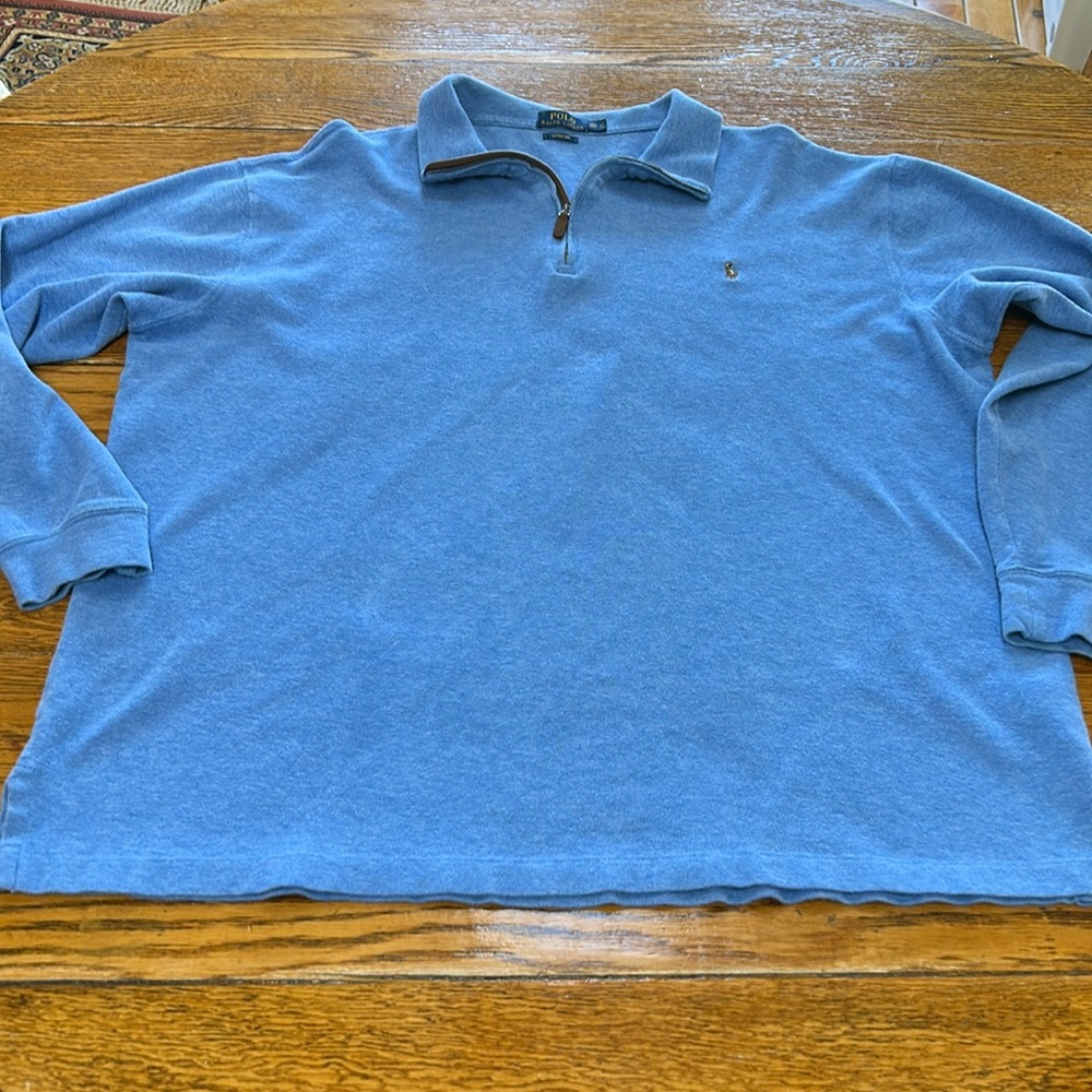 POLO Ralph Lauren Estate Rib 1/4 zip pullover. Blue with multicolor logo. 2XLT.